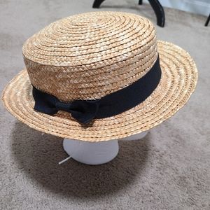 Vintage straw boater  hat with black ribbon
